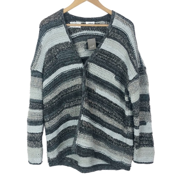 New with Tag  J.Jill Intarsia Womens Striped Textured Zinc Cardigan Wrap Sweater - Picture 5 of 16